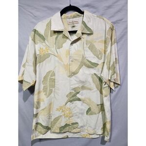 Tommy Bahama 100% Silk Aloha Hawaiian Shirt Tropical Leaf Floral Print Medium